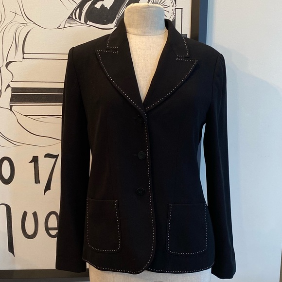 Mary McFadden Womens Black Blazer w White Contrast Stitching / Size 6 - Picture 2 of 14